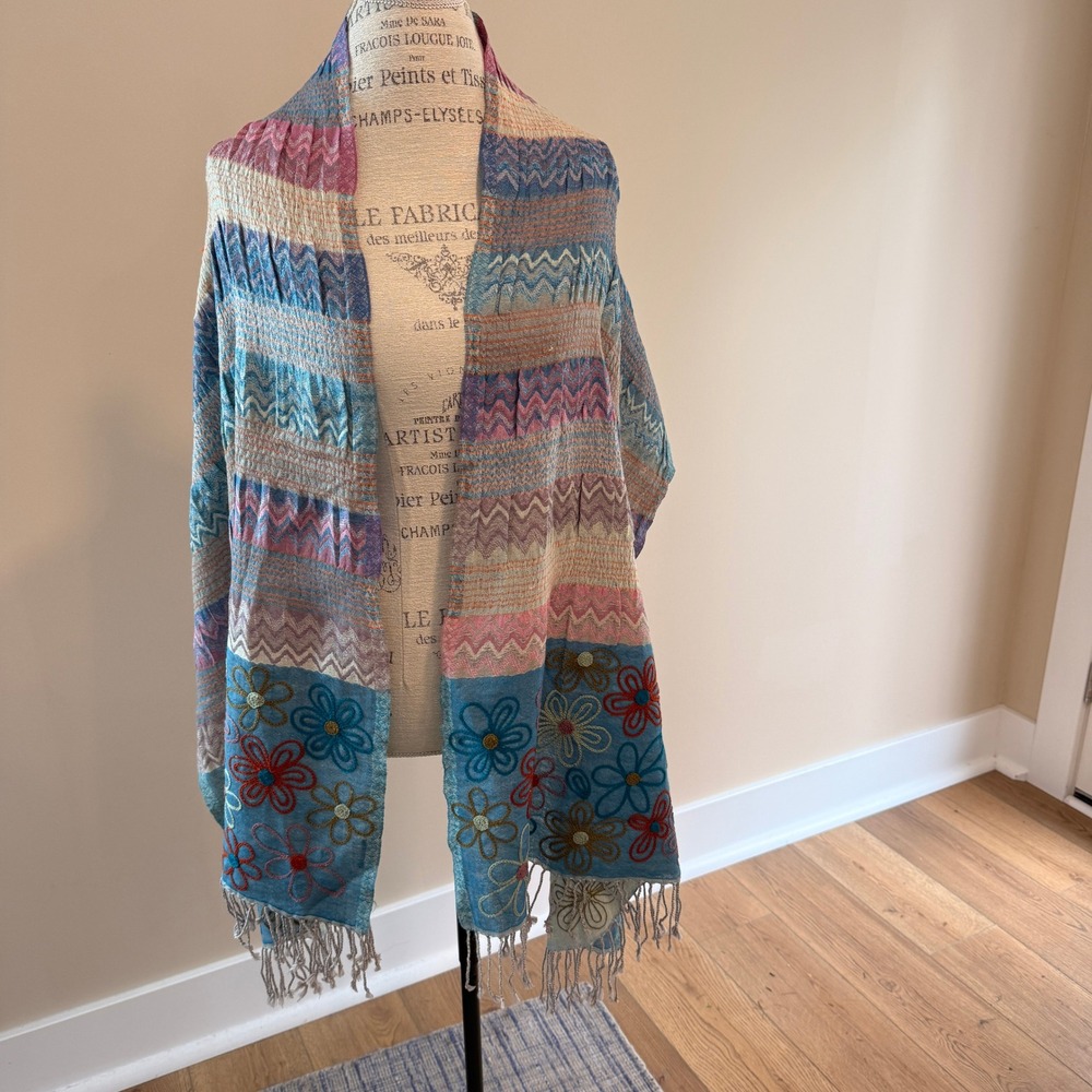 Women's Multi-Colored Floral Embroidered 100% Wool Scarf